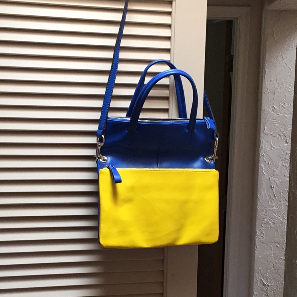 NWOT Leather Handbag in blue and yellow